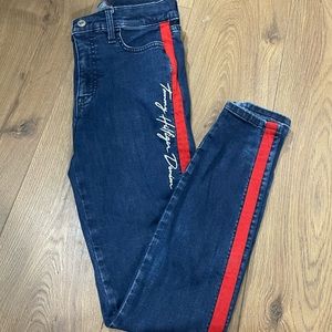 Tommy Hilfiger Denim Embroidered High Rise Jeggings Leggings Jeans Red Pinstripe